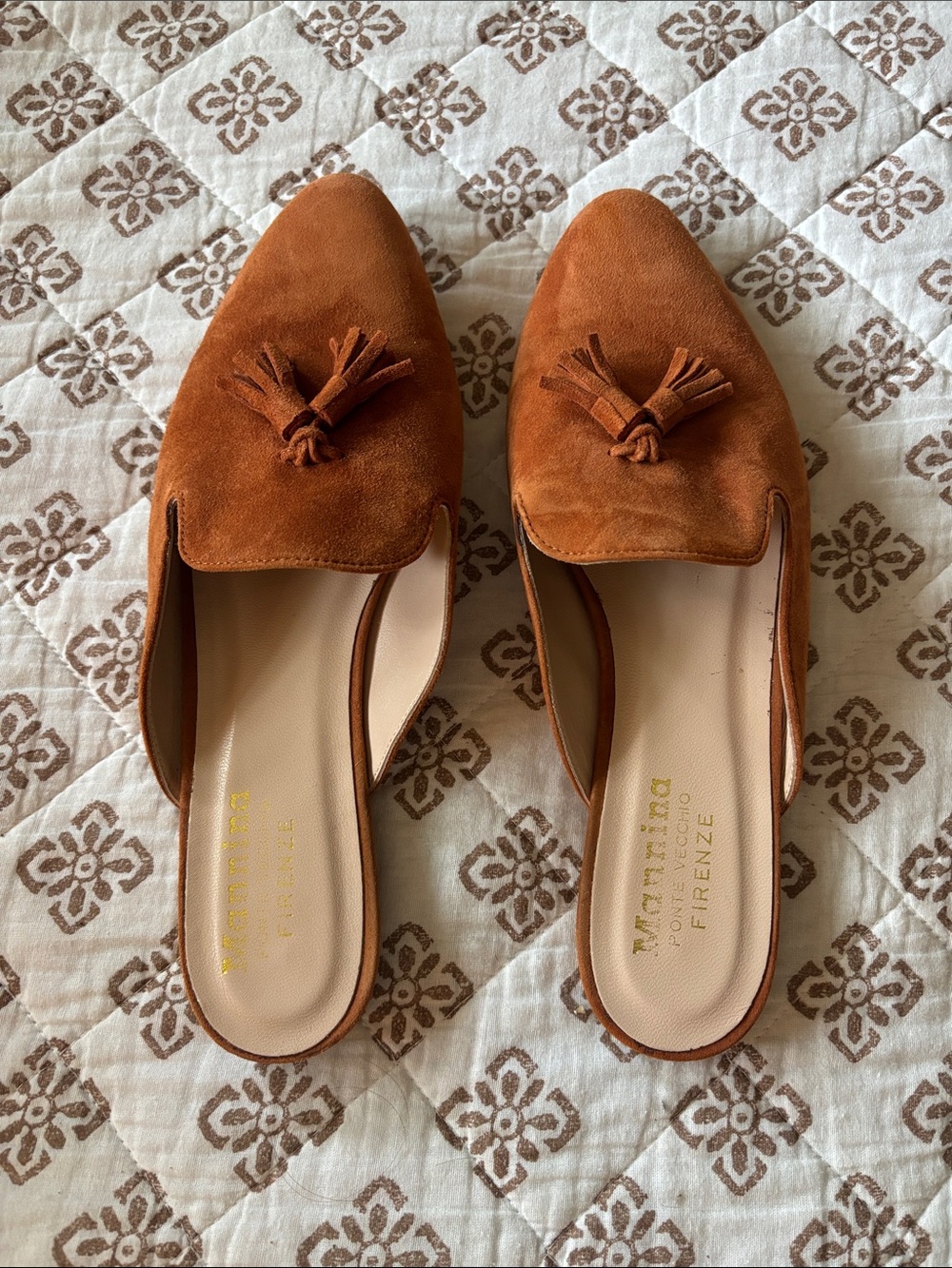 Suede Tassel Mule in Cognac Brown